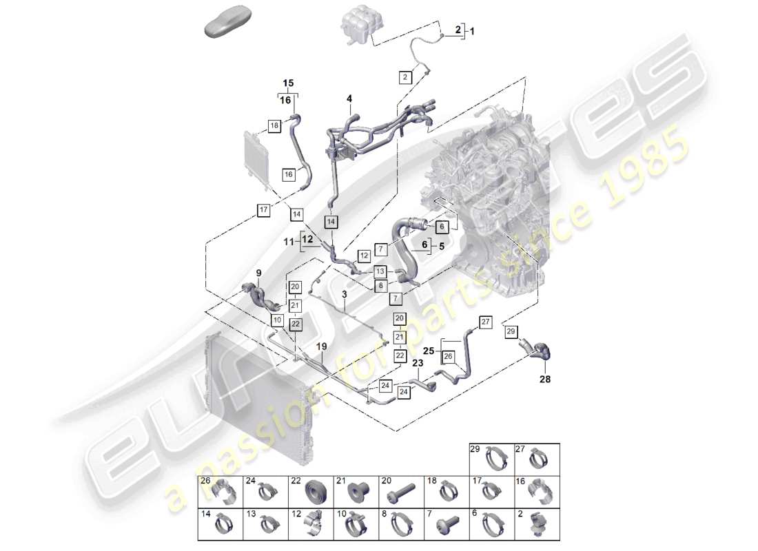 porsche 2025 (cayenne e3 pa) kühlmittelkühlsystem kühlmittelausgleichsbehälter kühlmittelleitung teilediagramm