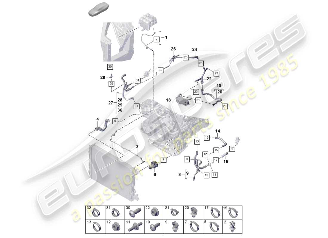 porsche 2025 (cayenne e3 pa) kühlmittelkühlsystem kühlmittelausgleichsbehälter kühlmittelleitung teilediagramm