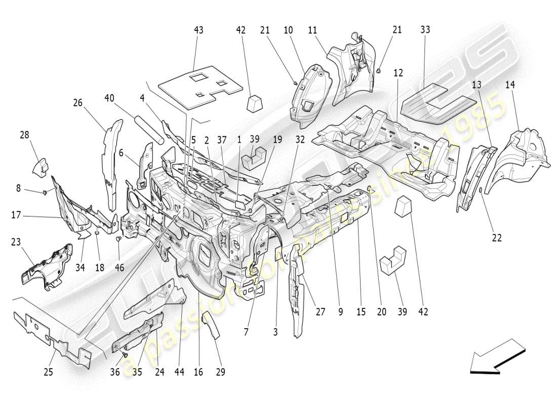 maserati ghibli (2021) schalldämmplatten im fahrzeuginnenraum teilediagramm
