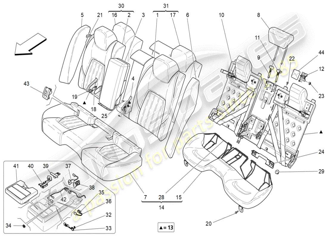 maserati ghibli (2019) rücksitze: verkleidungen ersatzteildiagramm