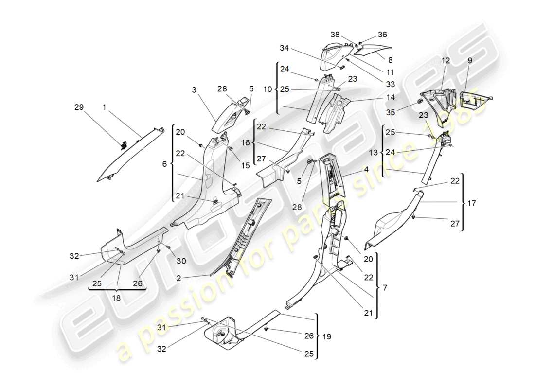 maserati quattroporte (2018) fahrgastinnenraum - b-säulenverkleidungen und seitenverkleidungen ersatzteildiagramm