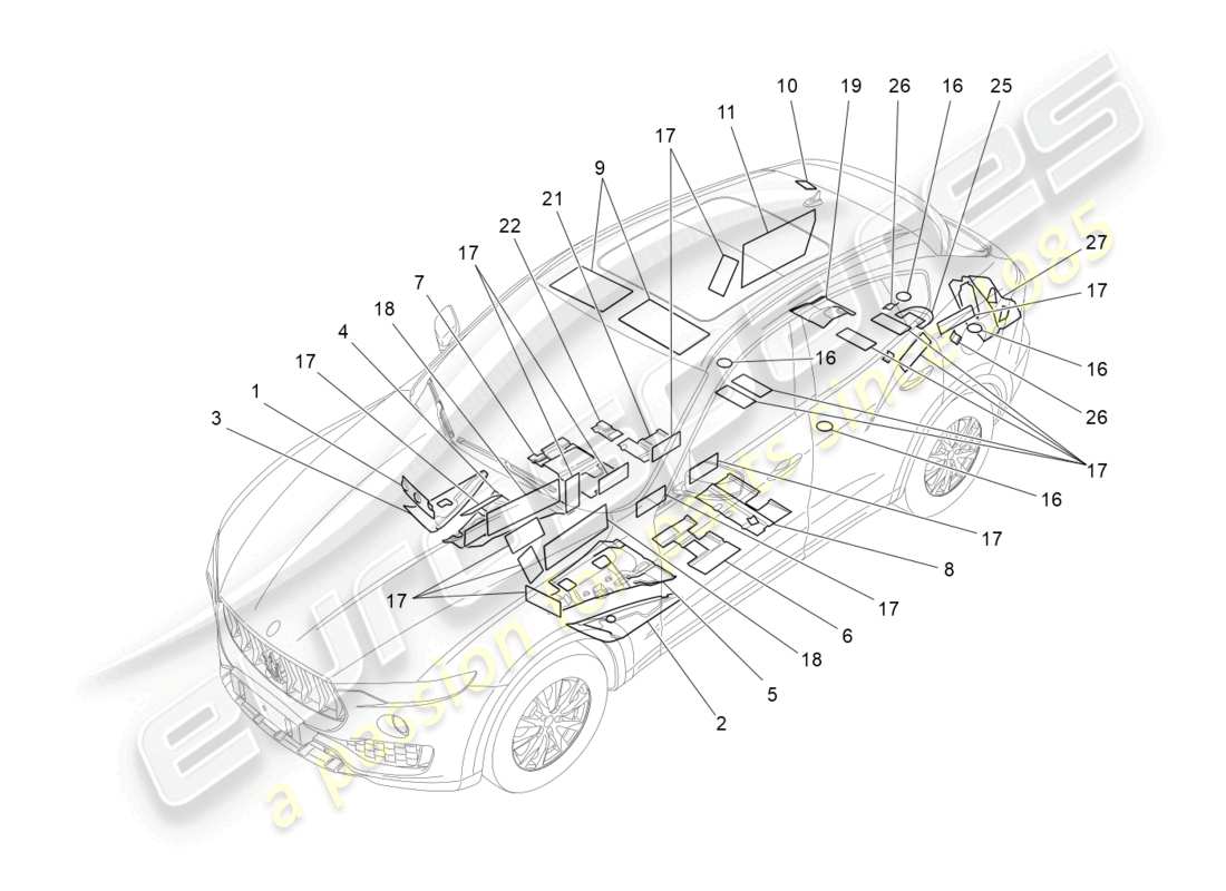 maserati levante modena (2022) schalldämmplatten im fahrzeug teilediagramm