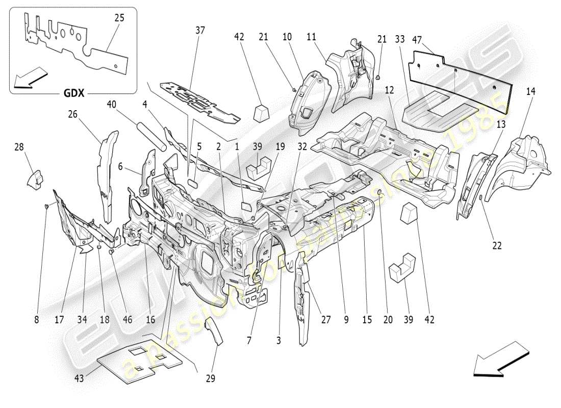maserati ghibli (2021) schalldämmplatten im fahrzeuginnenraum teilediagramm