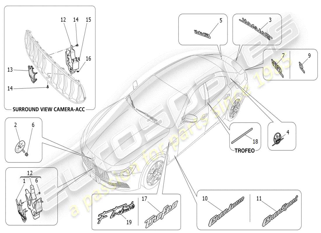 maserati ghibli (2021) verzierungen, marken und symbole teilediagramm