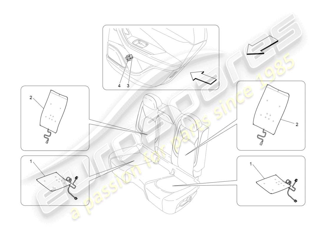 maserati levante modena (2022) rücksitze: mechanik und elektronik teilediagramm