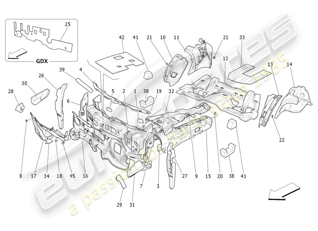 maserati quattroporte (2018) schalldämmplatten im fahrzeuginnenraum teilediagramm