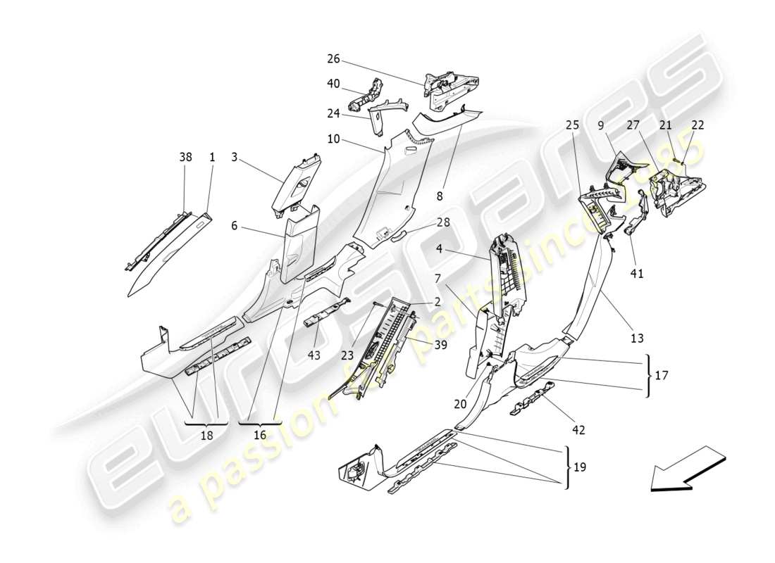 maserati levante (2017) fahrgastinnenraum - b-säulenverkleidungen und seitenverkleidungen ersatzteildiagramm