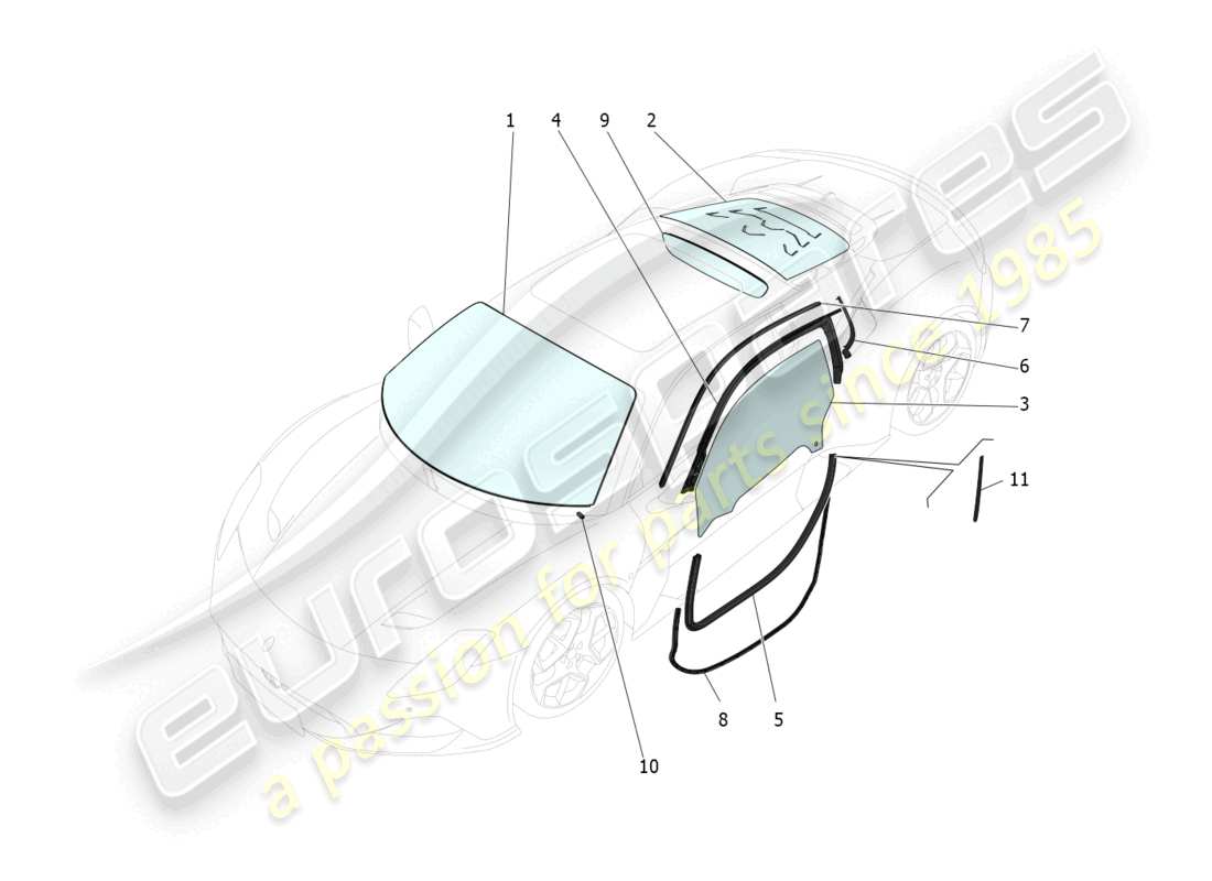 maserati mc20 (2022) fenster und fensterleisten teilediagramm