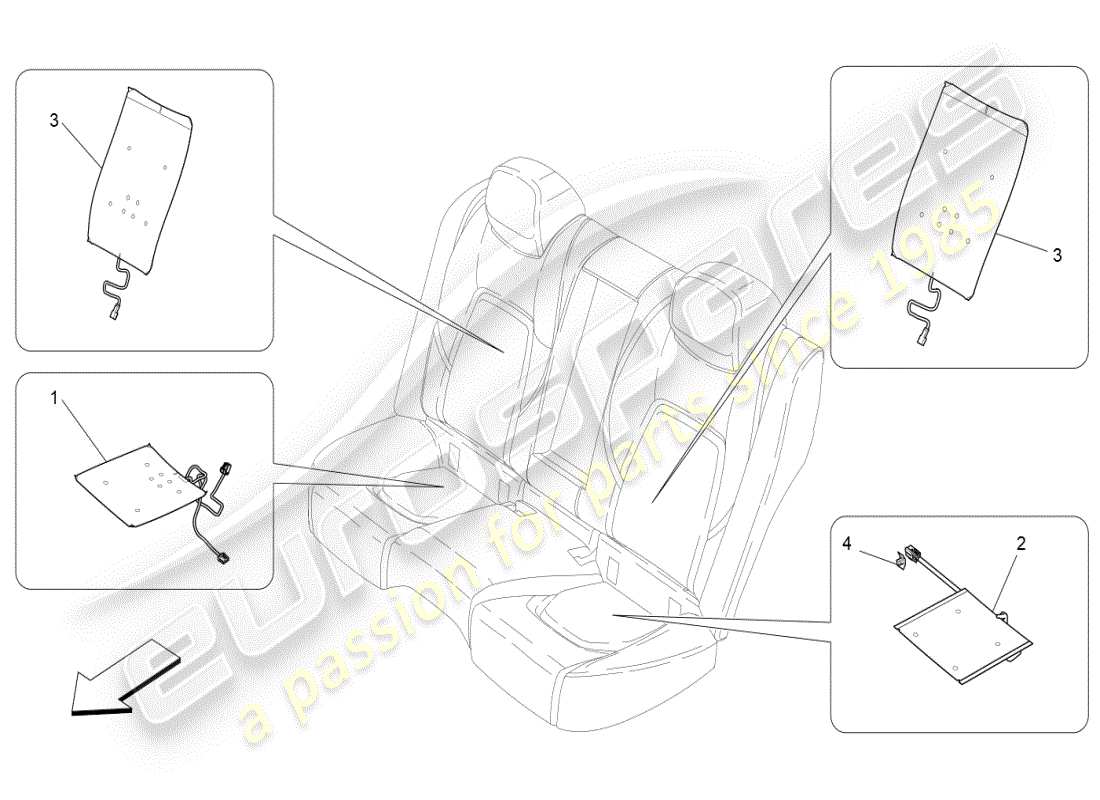 maserati ghibli (2019) rücksitze: mechanik und elektronik teilediagramm