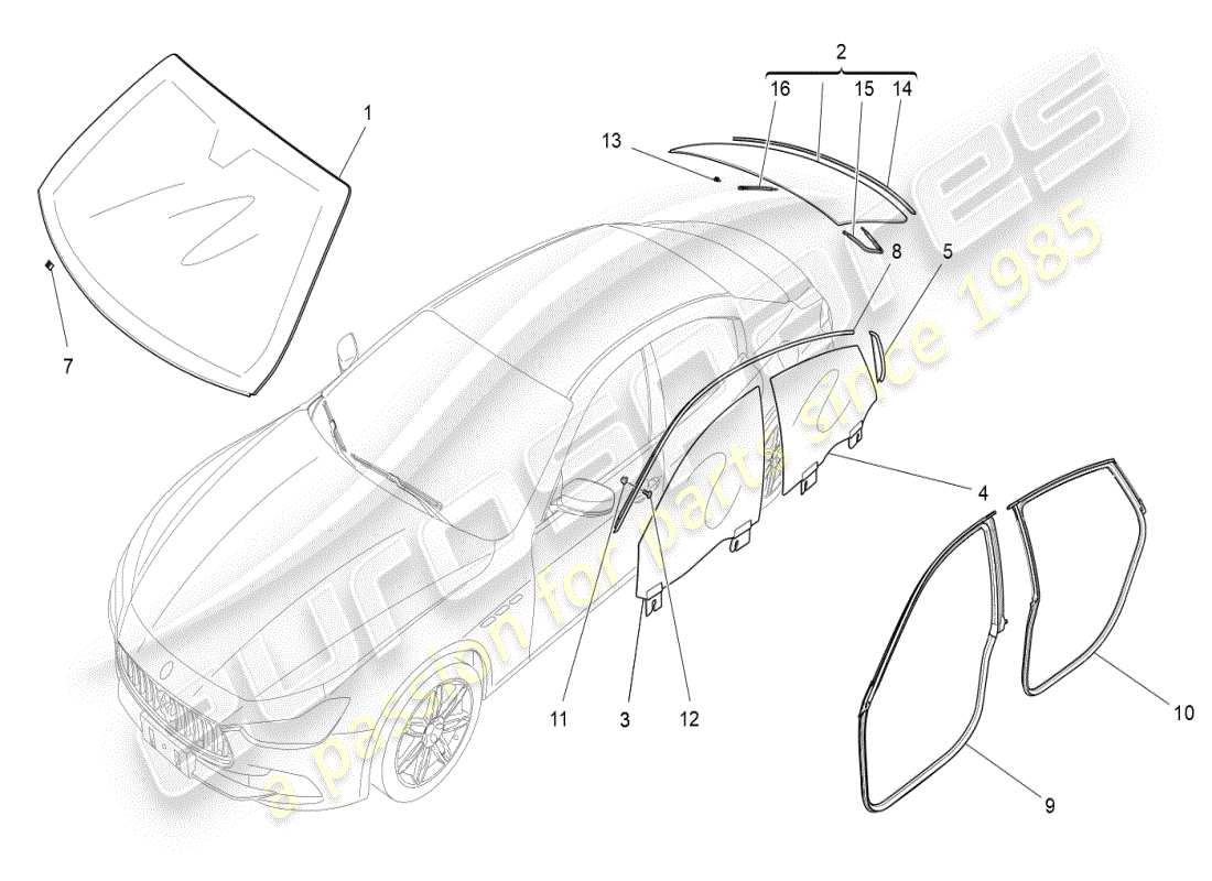 maserati ghibli (2019) fenster und fensterleisten teilediagramm