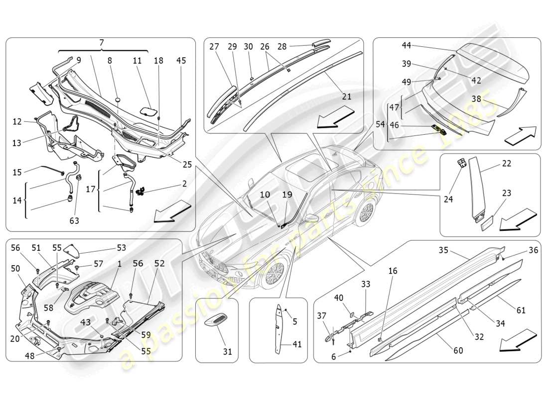 maserati levante trofeo (2020) schilde, verkleidungen und abdeckplatten ersatzteildiagramm