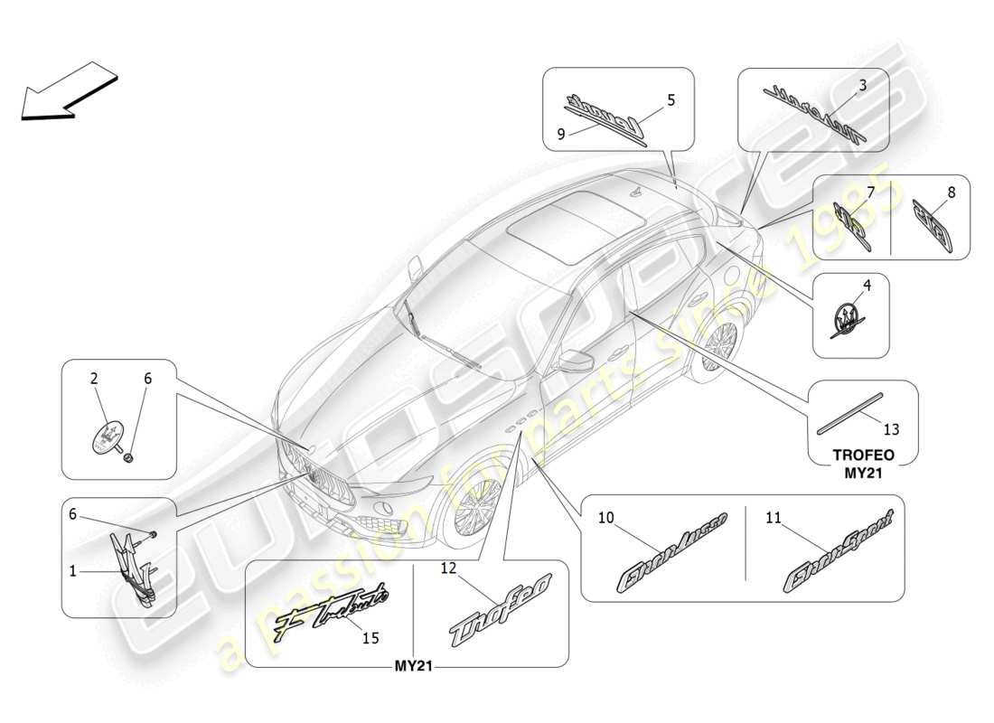 maserati levante gts (2020) verzierungen, marken und symbole teilediagramm