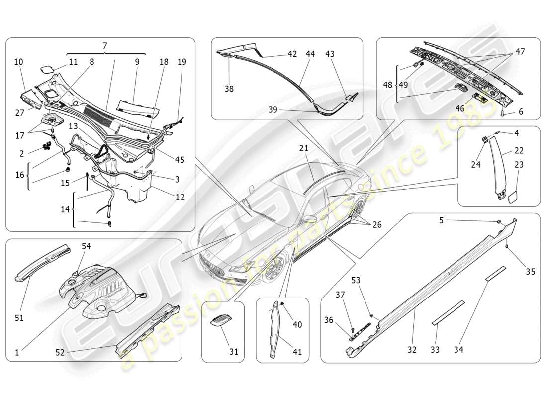 maserati quattroporte (2018) schilde, verkleidungen und abdeckplatten ersatzteildiagramm