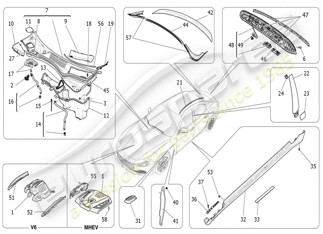 maserati ghibli (2021) schilde, verkleidungen und abdeckplatten ersatzteildiagramm
