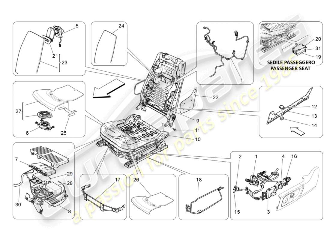 maserati quattroporte (2018) vordersitze: mechanik und elektronik teilediagramm