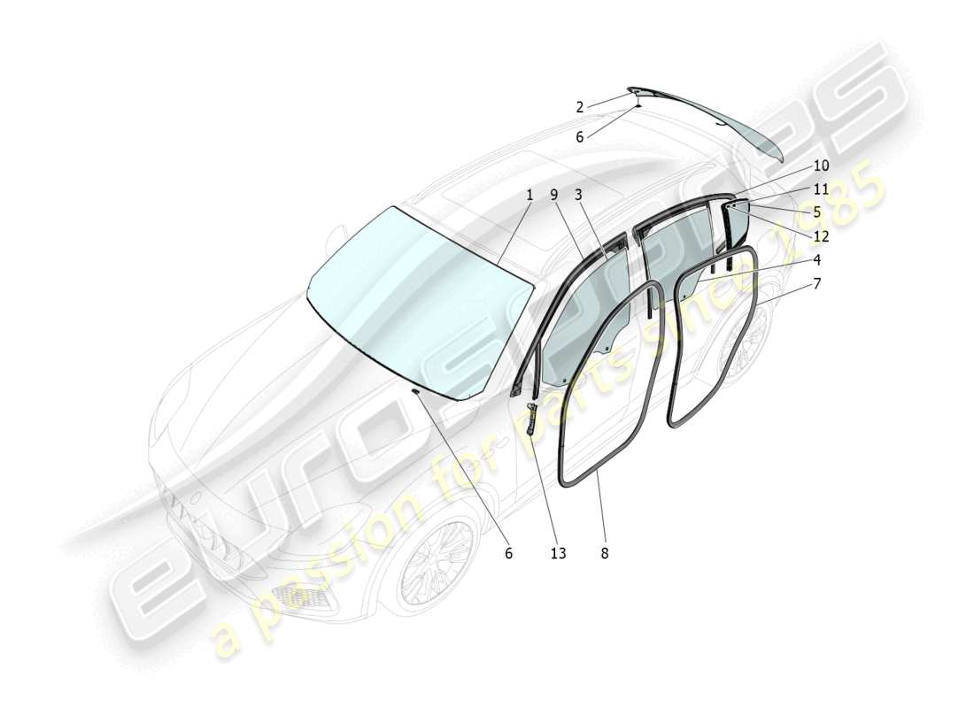 maserati grecale trofeo (2023) fenster und fensterleisten teilediagramm