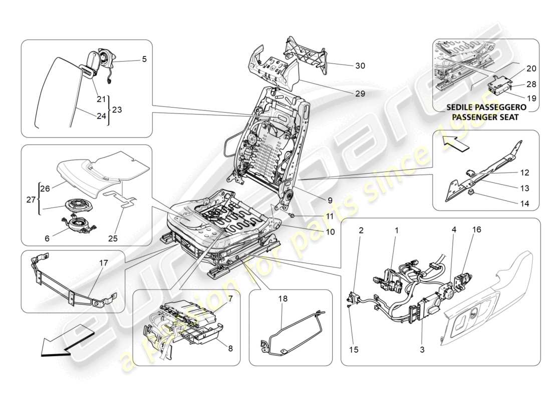 maserati levante gts (2020) vordersitze: mechanik und elektronik teilediagramm