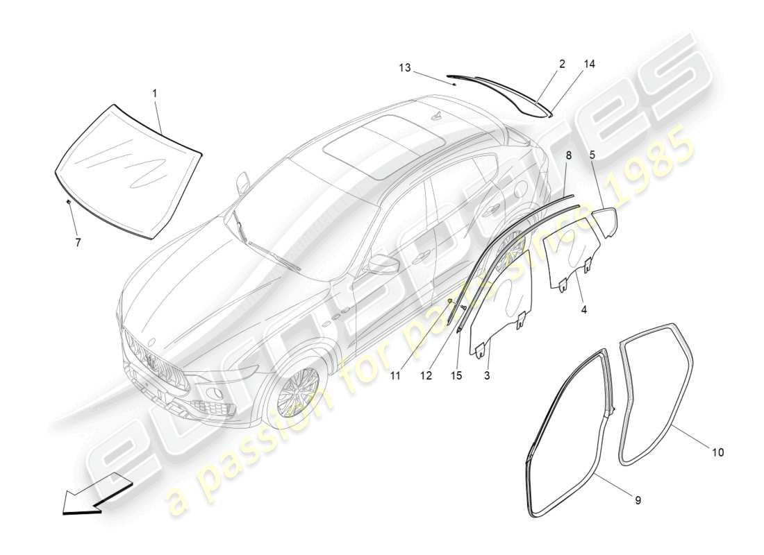 maserati levante gts (2020) fenster und fensterleisten teilediagramm