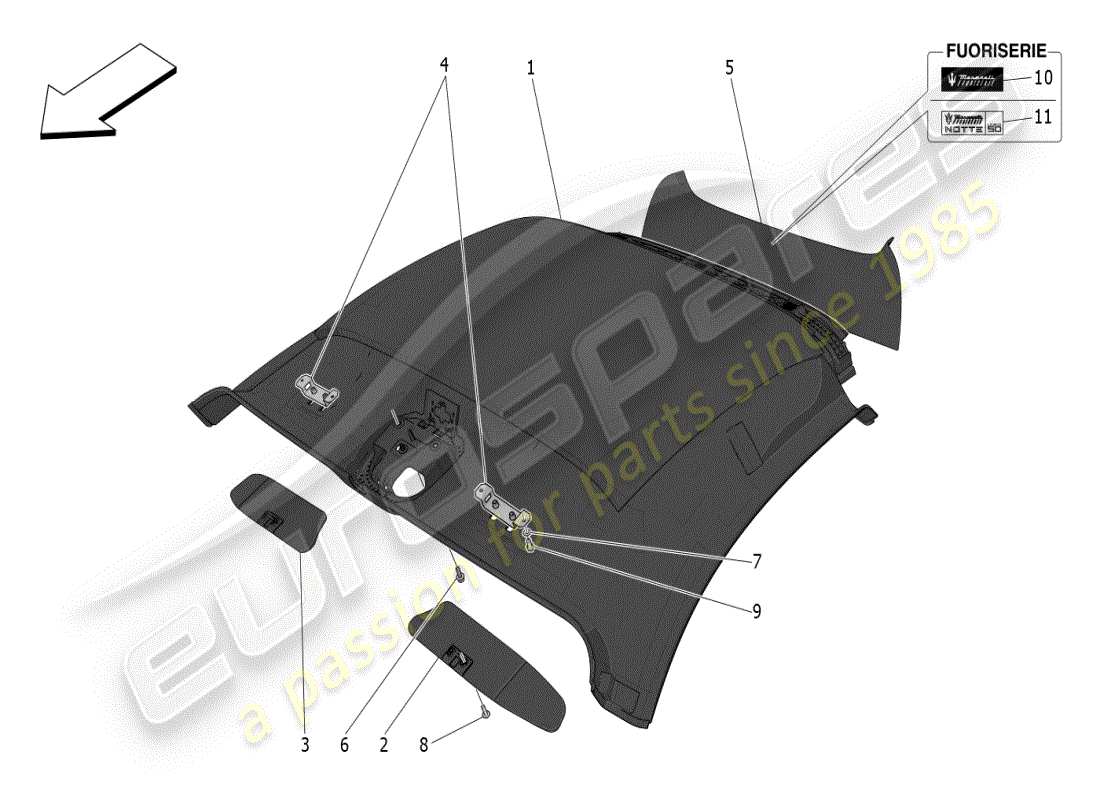 maserati mc20 (2024) dach- und sonnenblende teilediagramm