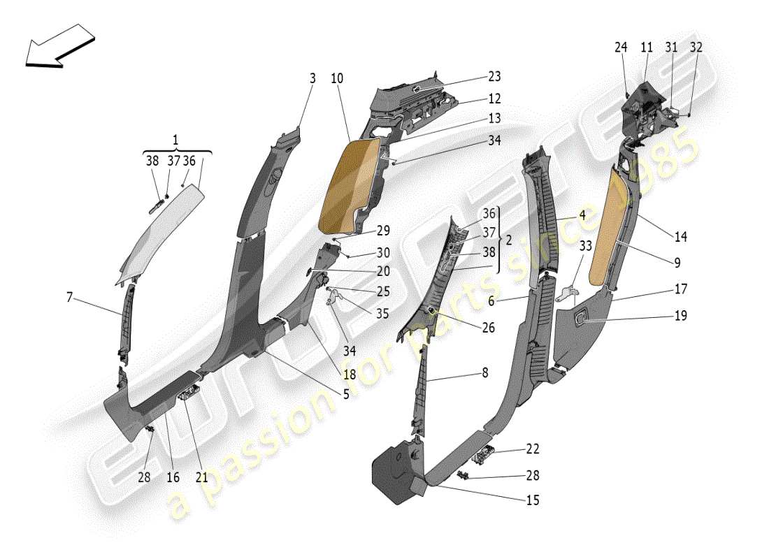 maserati grecale modena (2023) fahrgastinnenraum - b-säulenverkleidungen und seitenverkleidungen ersatzteildiagramm