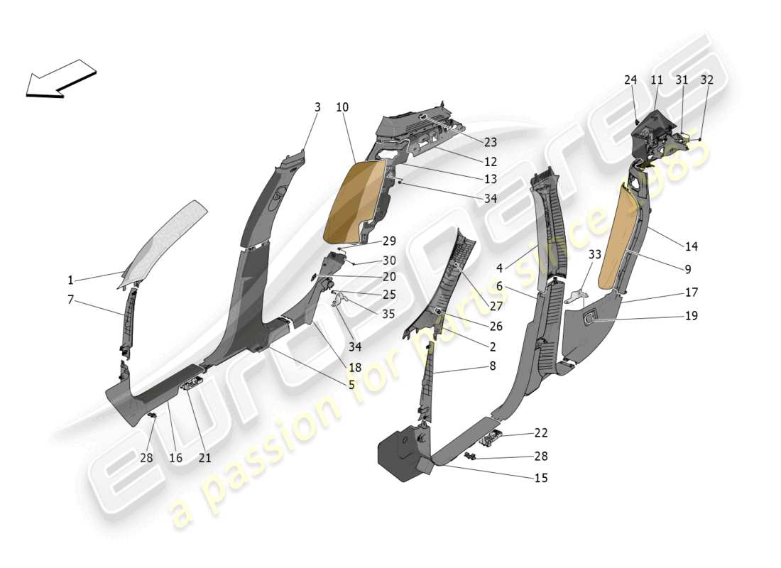 maserati grecale trofeo (2023) fahrgastinnenraum - b-säulenverkleidungen und seitenverkleidungen ersatzteildiagramm