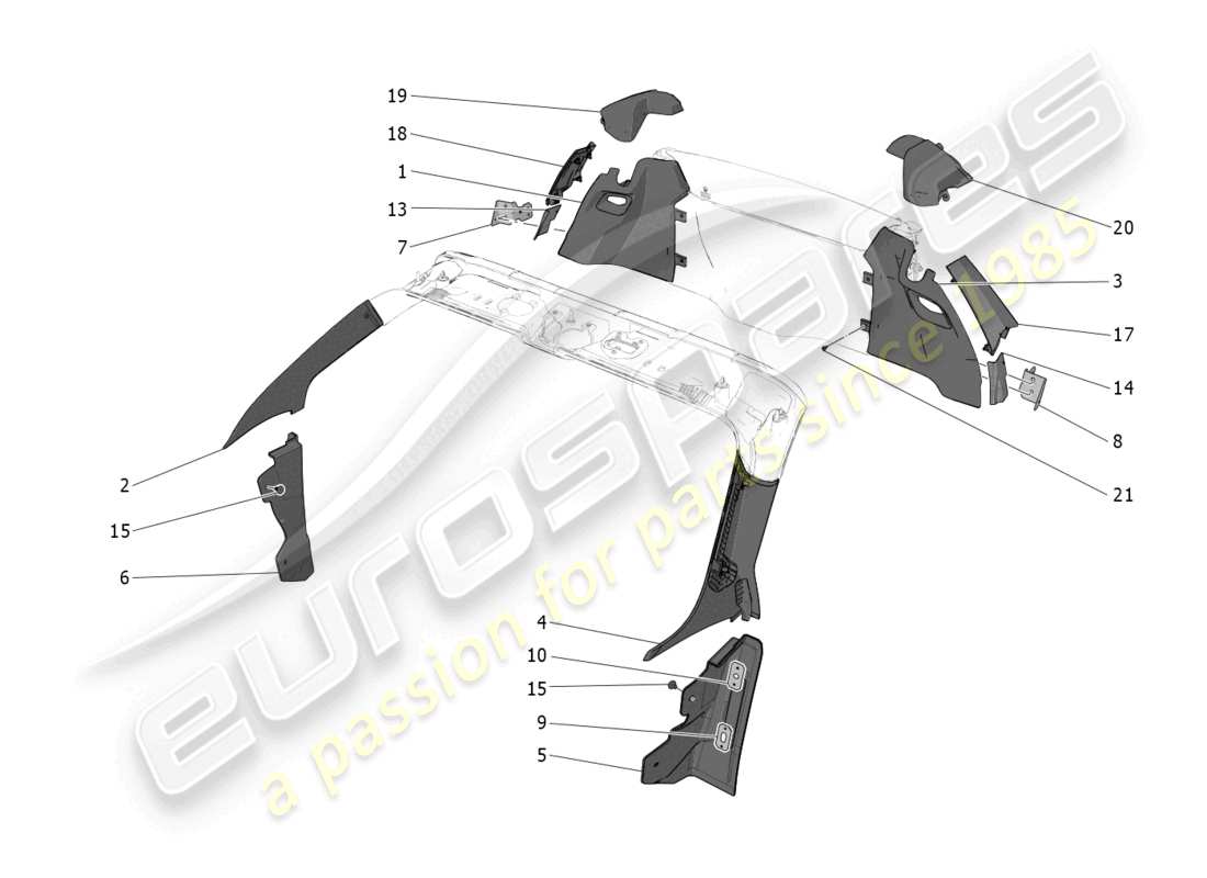 maserati mc20 cielo (2023) fahrgastinnenraum - b-säulenverkleidungen und seitenverkleidungen ersatzteildiagramm