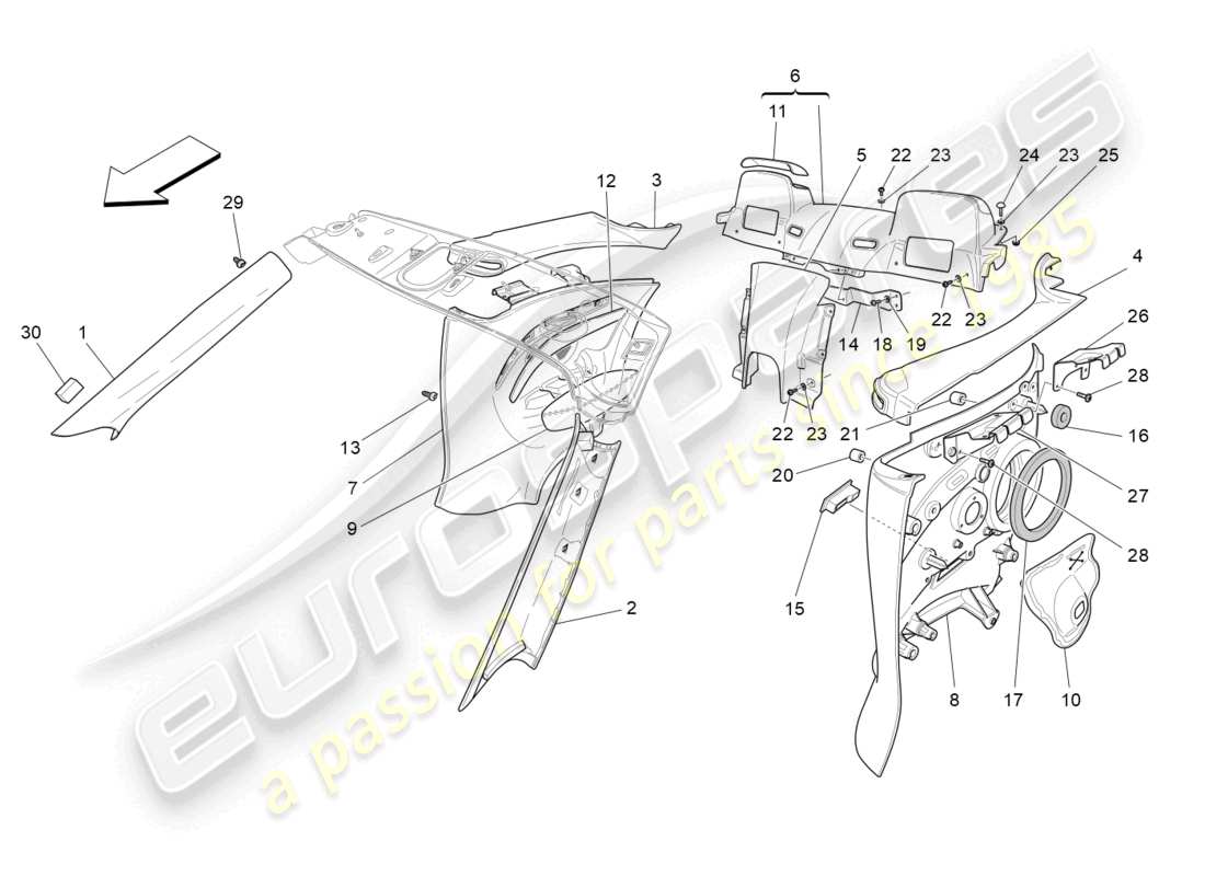 maserati grancabrio mc (2013) fahrgastinnenraum - b-säulenverkleidungen und seitenverkleidungen ersatzteildiagramm