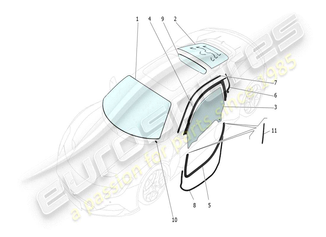 maserati mc20 (2024) fenster und fensterleisten teilediagramm