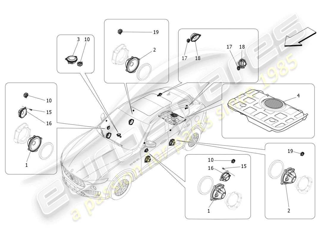 maserati levante (2017) teilediagramm für das schalldiffusionssystem