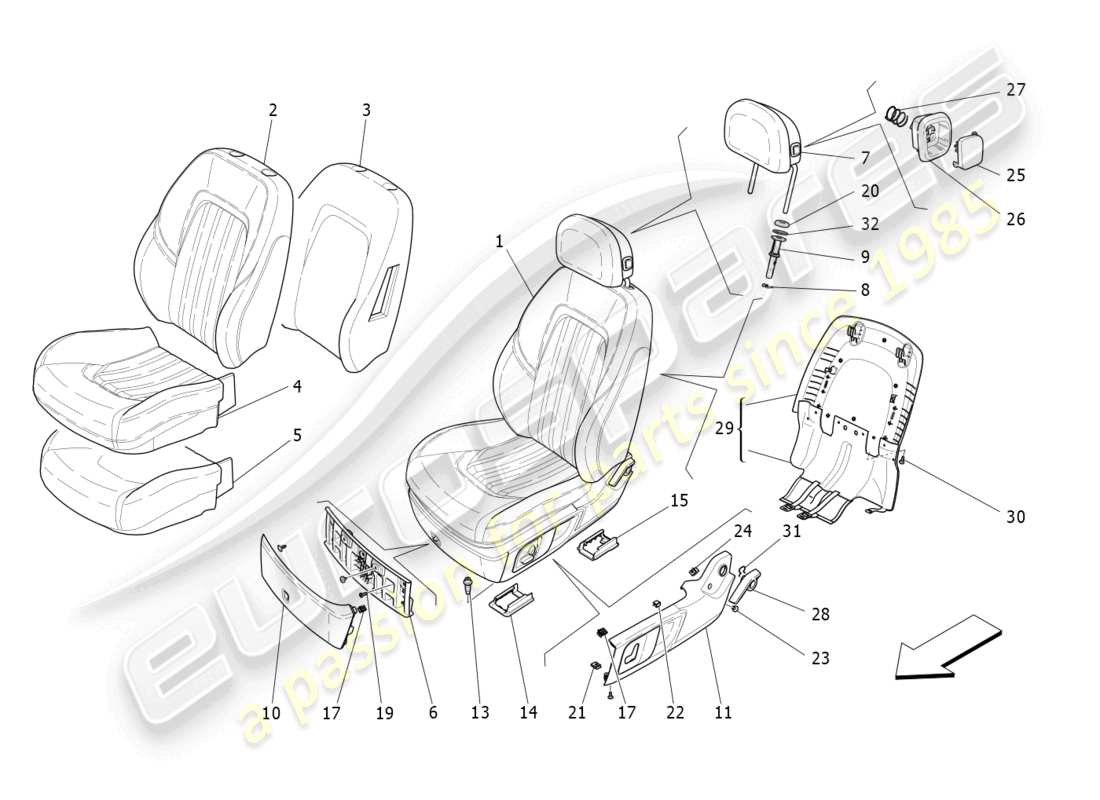 maserati levante modena (2022) vordersitze: verkleidungen ersatzteildiagramm