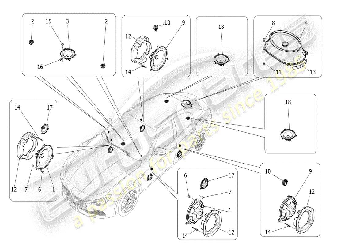 maserati ghibli (2019) teilediagramm für das schalldiffusionssystem
