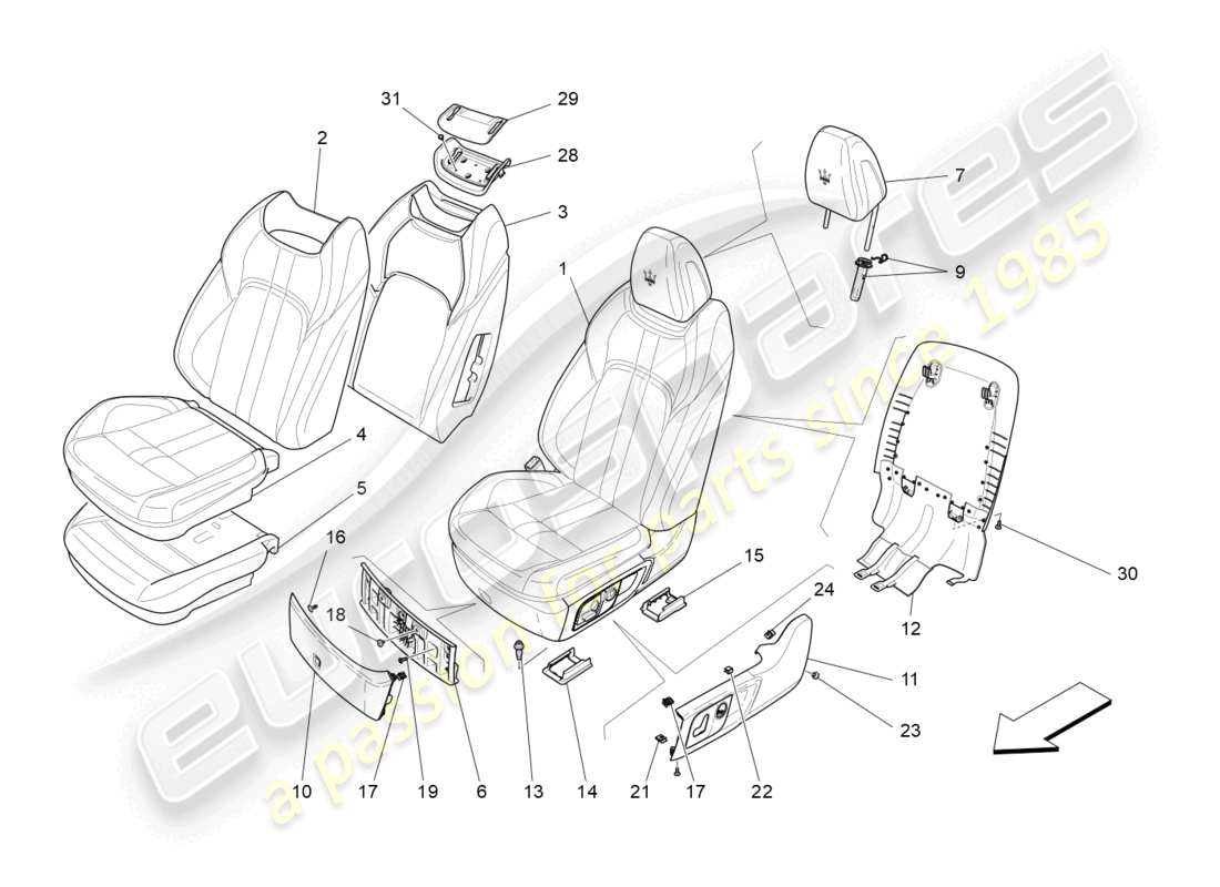 maserati levante trofeo (2020) vordersitze: verkleidungen ersatzteildiagramm