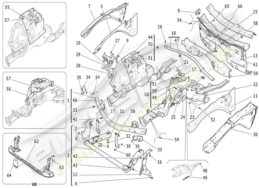 maserati ghibli (2019) vordere strukturrahmen und bleche teilediagramm