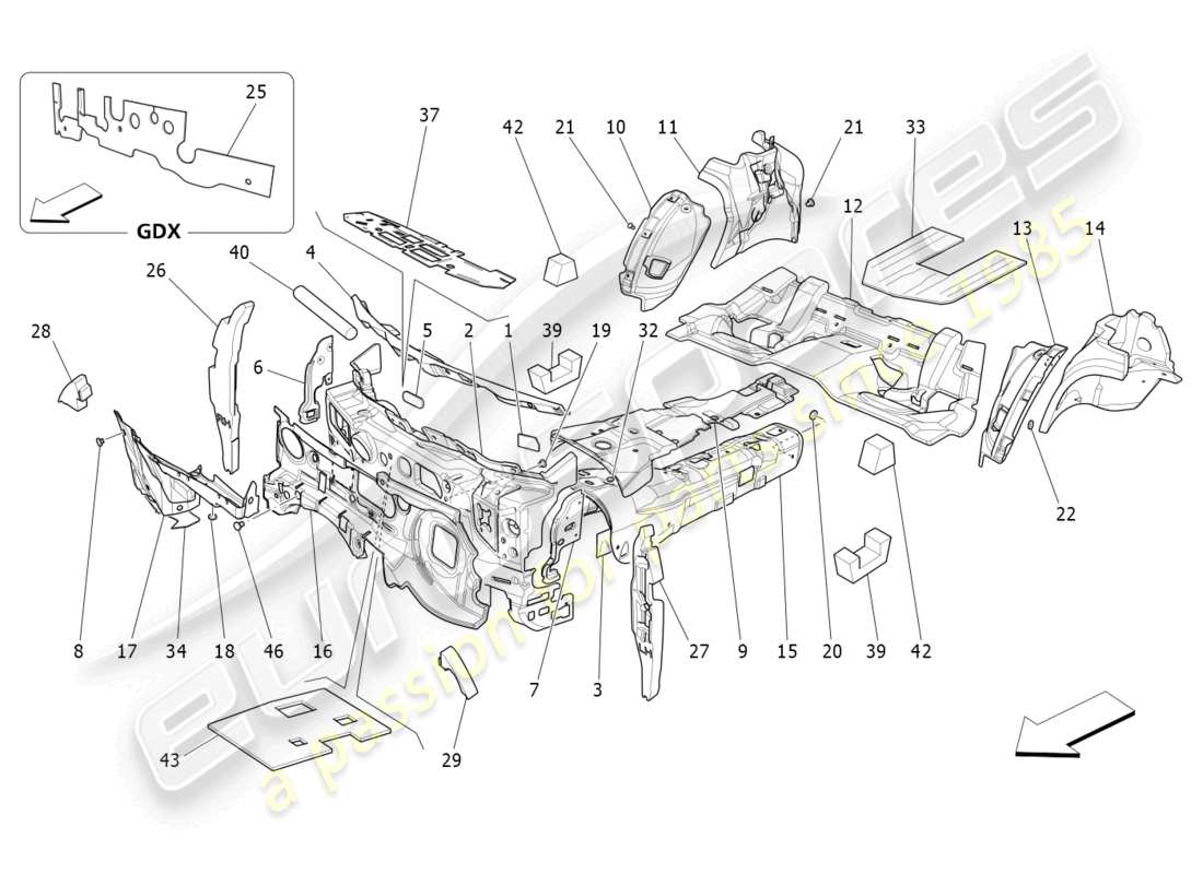 maserati ghibli (2014) schalldämmplatten im fahrzeuginnenraum teilediagramm