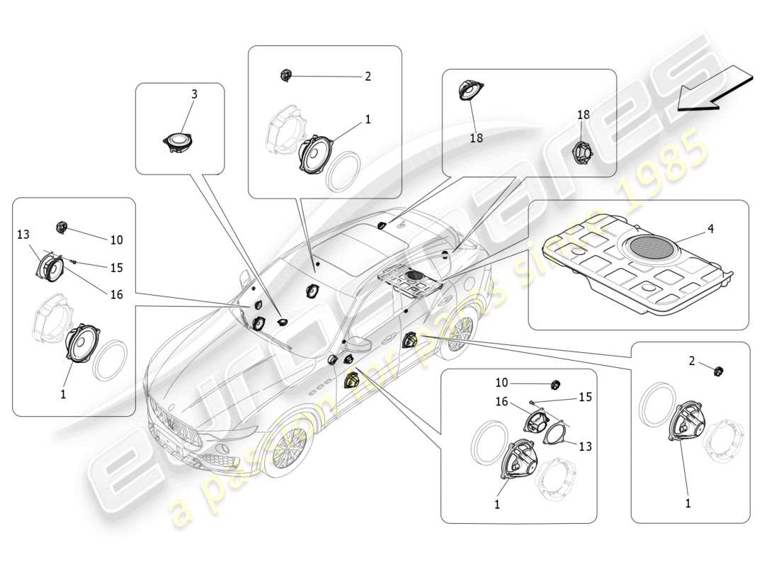 maserati levante modena (2022) teilediagramm für das schalldiffusionssystem