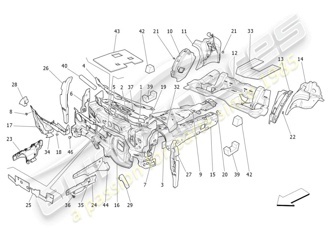 maserati ghibli (2015) schalldämmplatten im fahrzeuginnenraum teilediagramm