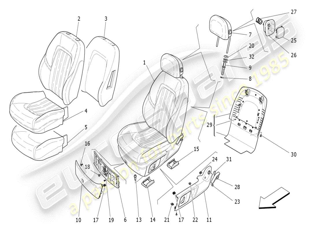 maserati ghibli (2019) vordersitze: verkleidungen ersatzteildiagramm