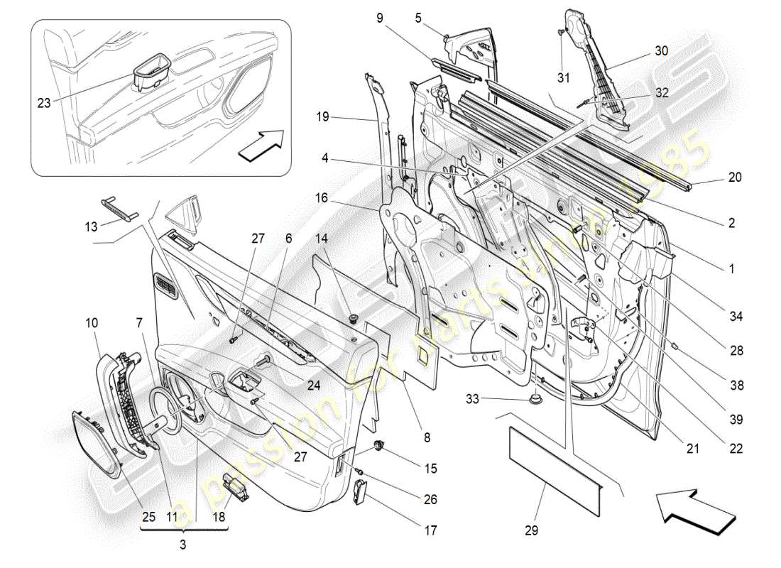 maserati ghibli (2019) vordere türen: verkleidungen ersatzteildiagramm