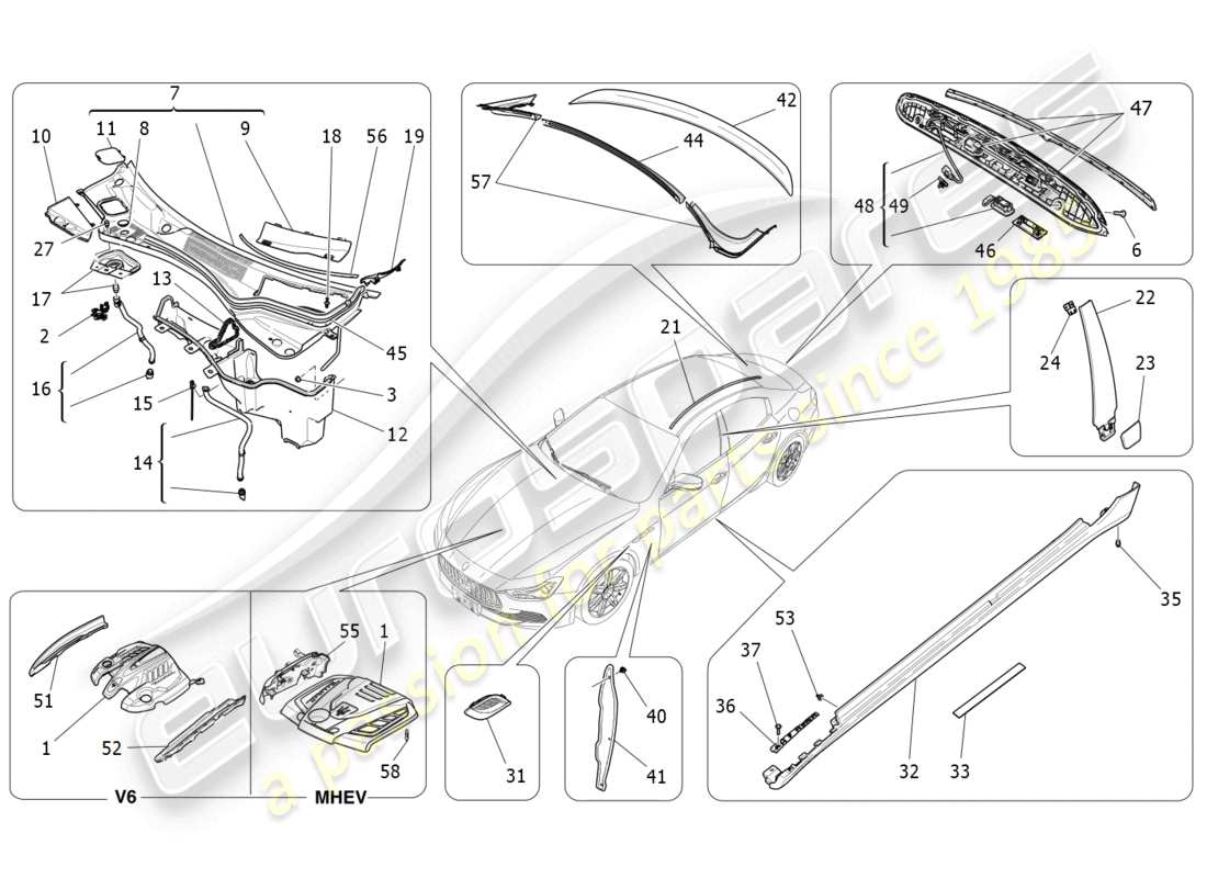 maserati ghibli (2014) schilde, verkleidungen und abdeckplatten ersatzteildiagramm