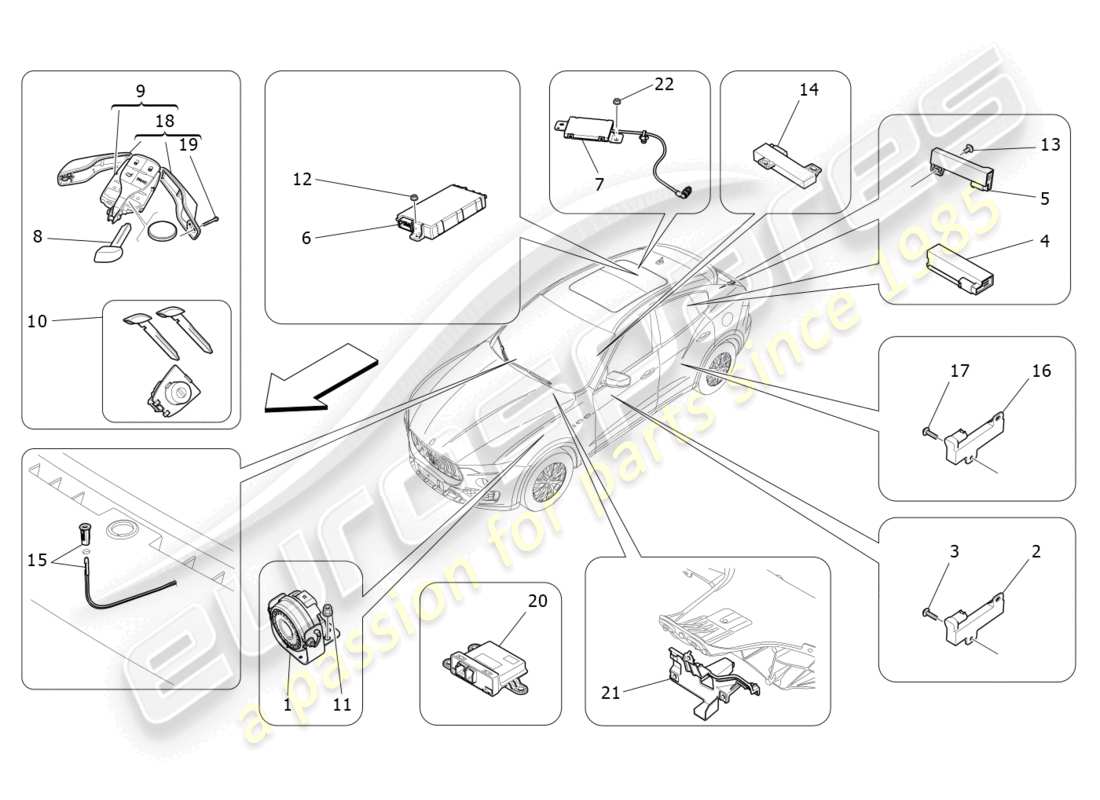 maserati levante gt (2022) alarm- und wegfahrsperrensystem teilediagramm