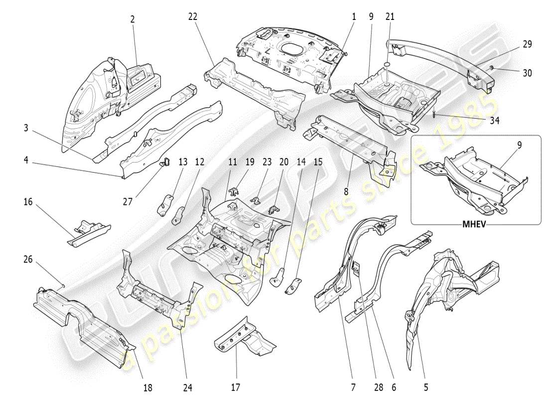 maserati ghibli (2021) hintere strukturrahmen und bleche ersatzteildiagramm