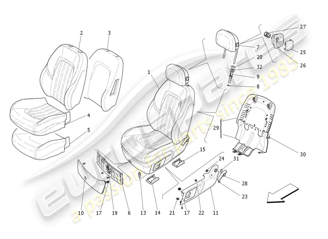maserati levante (2019) vordersitze: verkleidungen ersatzteildiagramm