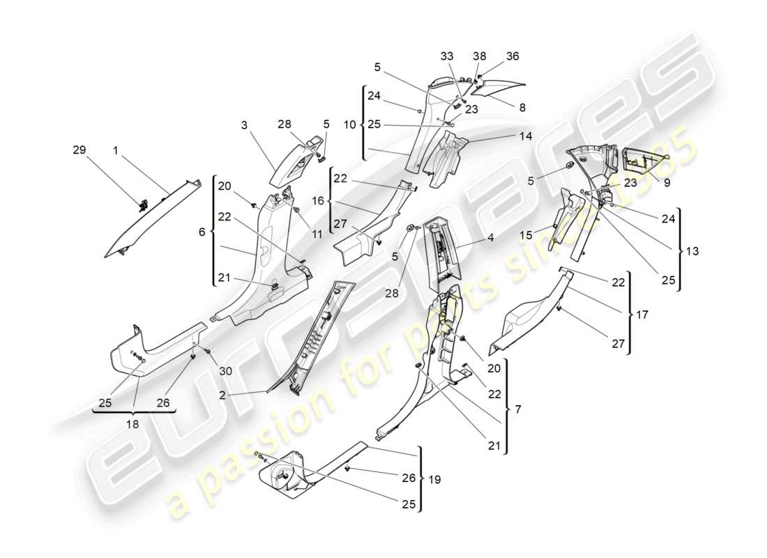 maserati ghibli (2016) fahrgastinnenraum - b-säulenverkleidungen und seitenverkleidungen ersatzteildiagramm