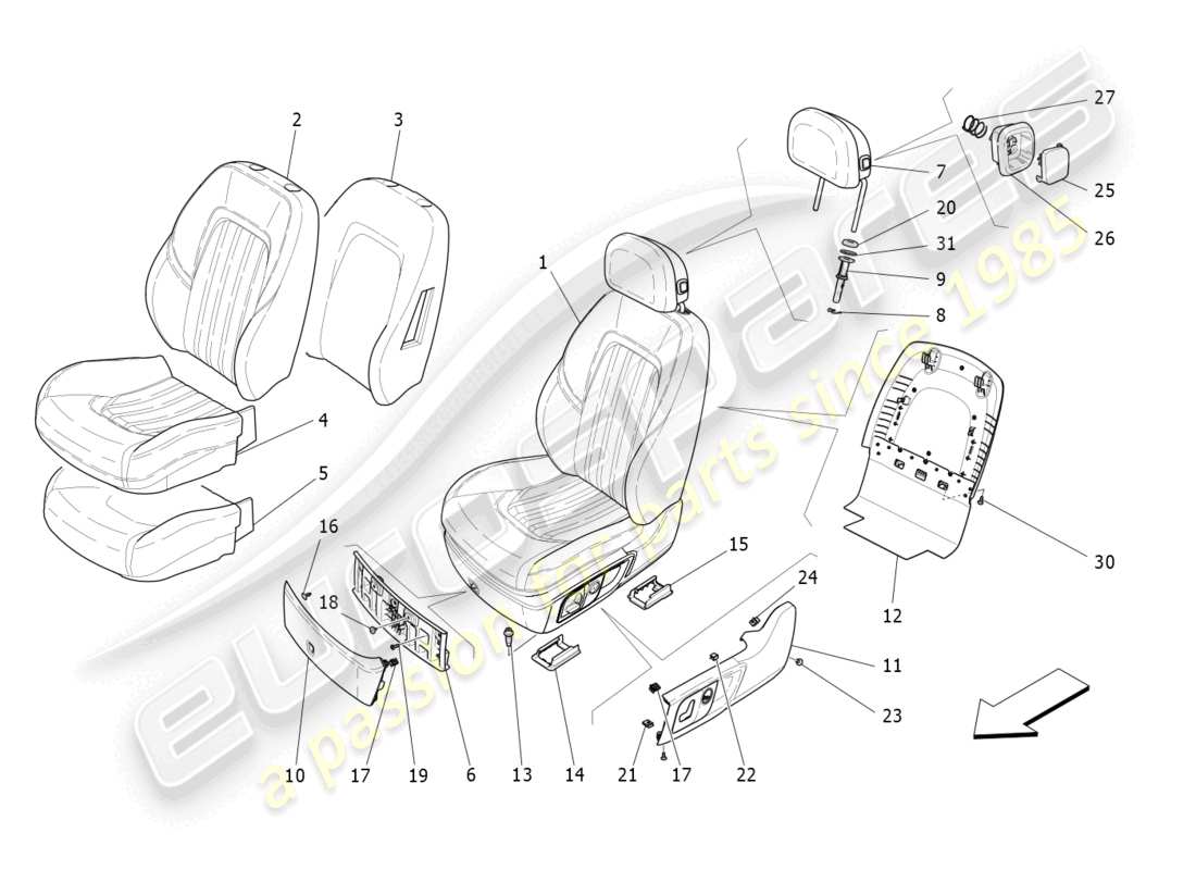 maserati quattroporte (2018) vordersitze: verkleidungen ersatzteildiagramm