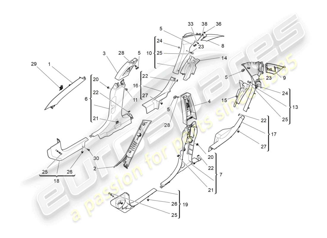 maserati ghibli (2017) fahrgastinnenraum - b-säulenverkleidungen und seitenverkleidungen ersatzteildiagramm