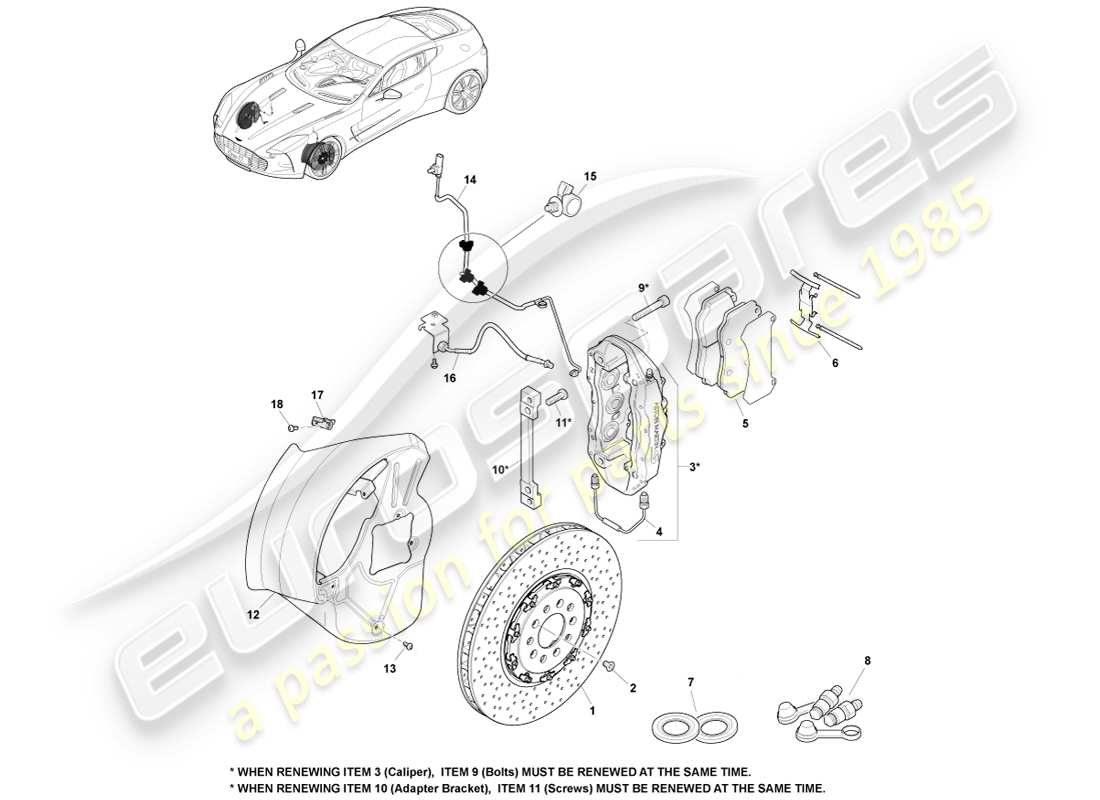 aston martin one-77 (2011) teilediagramm des vorderradbremssystems