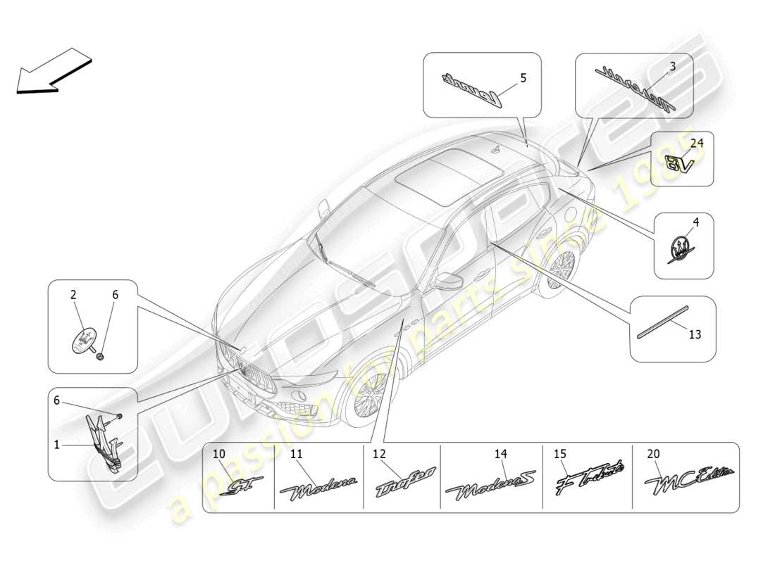 maserati levante gt (2022) verzierungen, marken und symbole teilediagramm