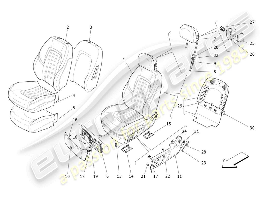 maserati ghibli (2014) vordersitze: verkleidungen ersatzteildiagramm
