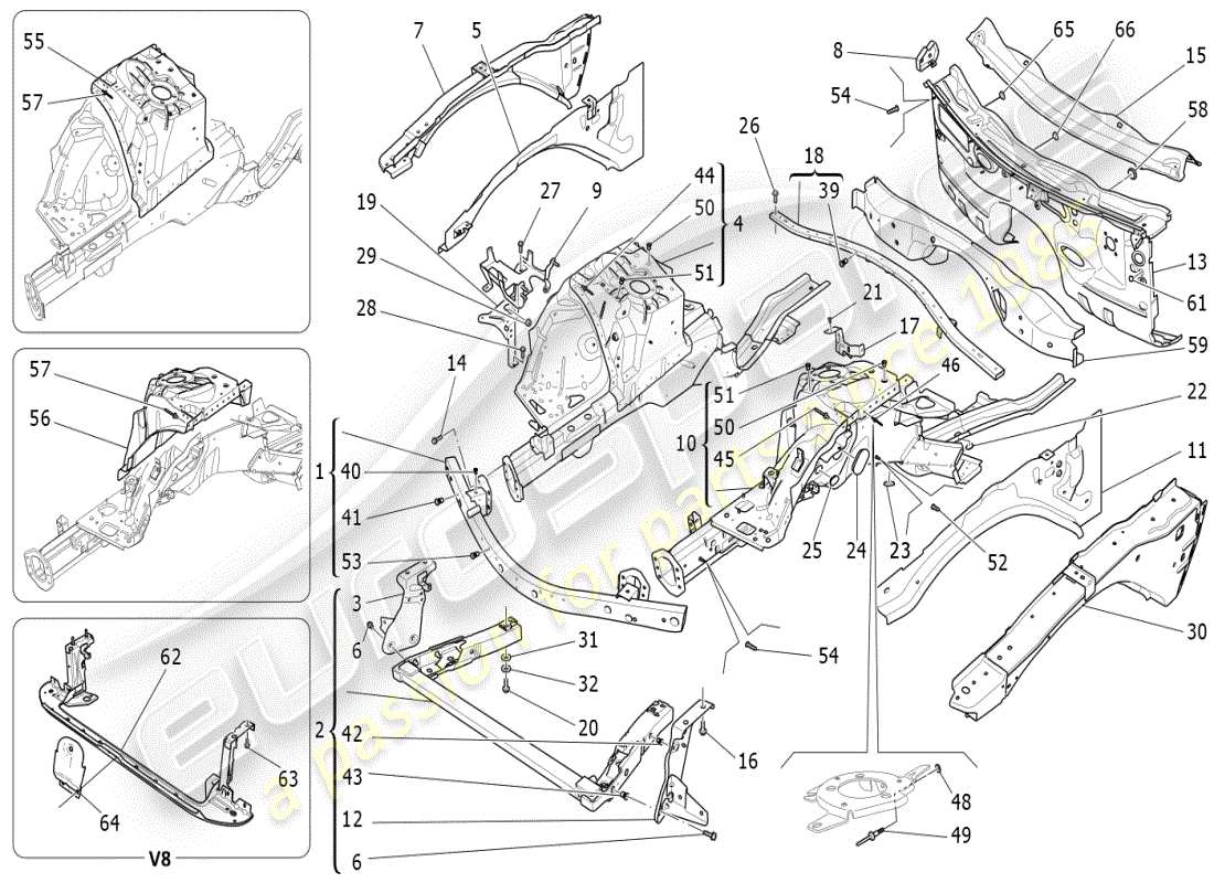 maserati ghibli (2019) vordere strukturrahmen und bleche teilediagramm