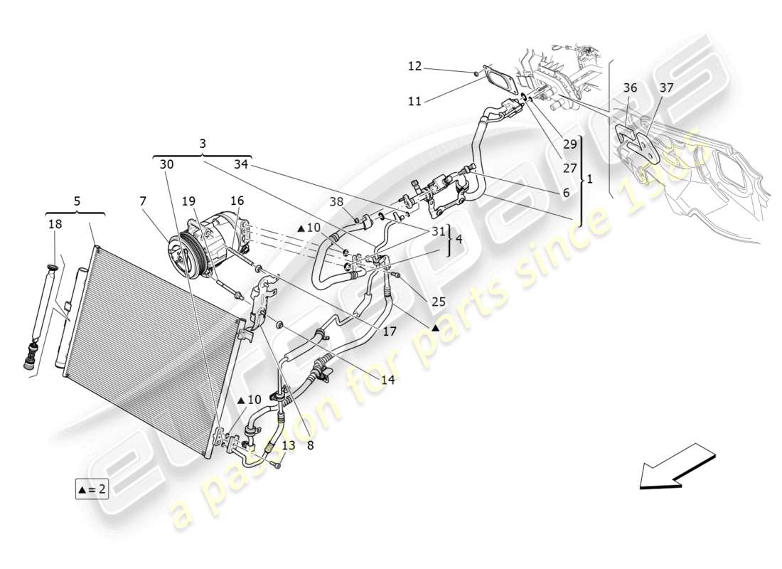 maserati levante gt (2022) klimaanlage: geräte im motorraum ersatzteildiagramm